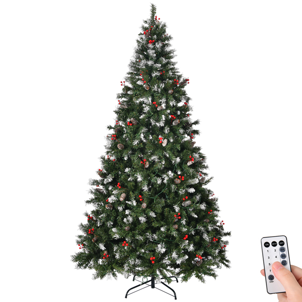 7.5 FT Pre-lit Artificial Snow Tipped Christmas Tree, Hinged Xmas Pine Tree with 1368 Branch Tips, 89 Pine Cones, 267 Berries and 560 Warm Lights for Holiday Party Office Home, Green & Snow Tipped