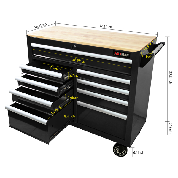 9 DRAWERS MULTIFUNCTIONAL TOOL CART WITH WHEELS AND WOODEN TOP