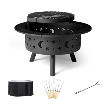 35 Inch Outdoor Wood Burning Fire Pits, Metal Round Bonfire Firepit with Grill Grate for Backyard, Patio