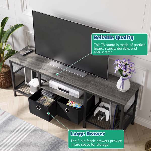 55 inch TV Stand for Living Room, Entertainment Center with Fabric Drawers Storage, Television Media Console Table with Soundbar Shelf for Living Room, Bedroom, Grey