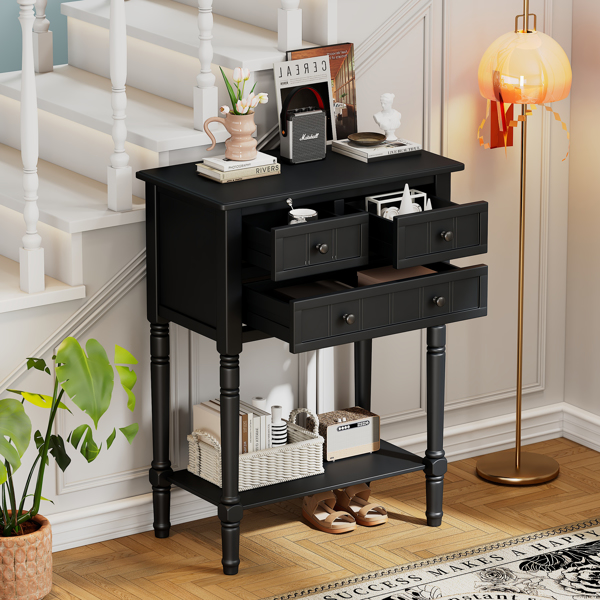 Narrow Console Table, Slim Sofa Table with Three Storage Drawers and Bottom Shelf (Black)