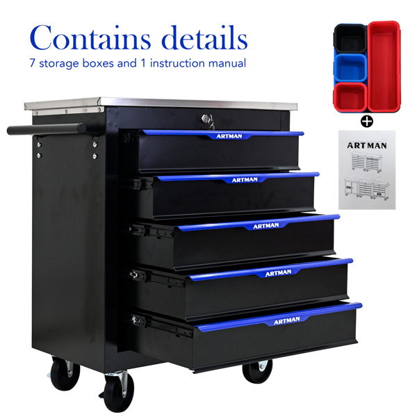 5 DRAWERS MULTIFUNCTIONAL TOOL CART WITH WHEELS-BLACK+BLUE