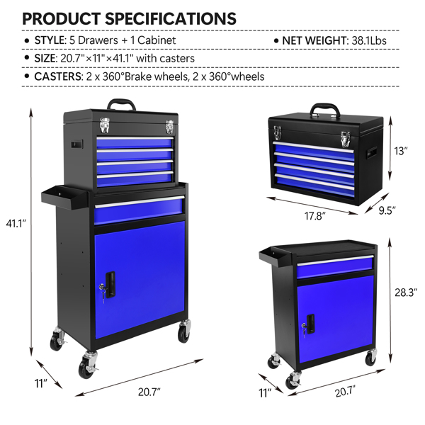 5-Drawer Rolling Tool Chest, High Capacity Tool Storage Cabinet W/Lockable Wheels, Anti-Slip Liner, Detachable Tool Box Organizer, Rolling Tool Cabinet