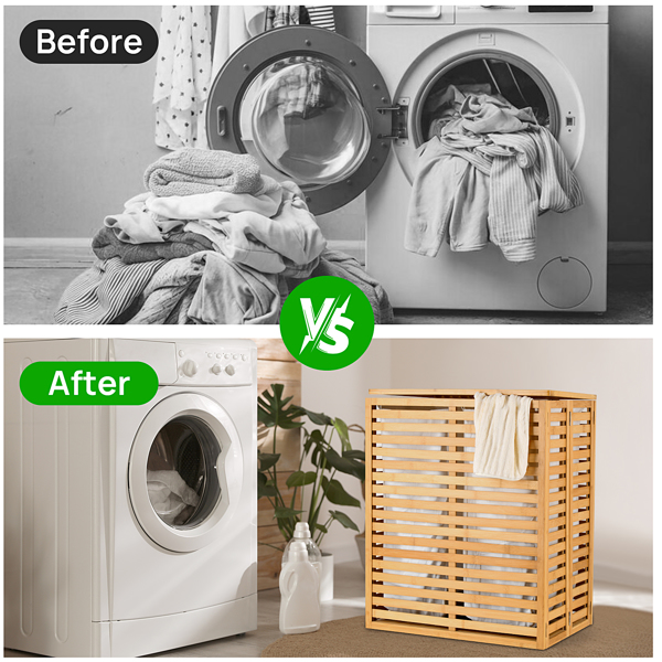 Bamboo Laundry Hamper with Lid – Foldable Clothes Basket with 2-Section Removable Liner Bag, Space-Saving Laundry Sorter for Bathroom, Bedroom, and Laundry Room (Natural, 21.69”L x 13.85”W x 25.39”H)
