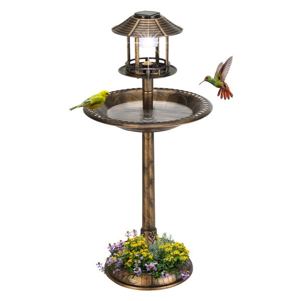   42"bird bath feeder with flowerpot base and Solar. Bronze 