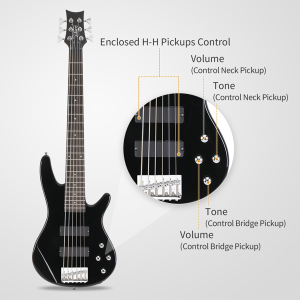 【Don’t sell on Amazon】 Full Size GIB 6 String H-H Pickup Electric Bass Guitar Bag Strap Pick Connector Wrench Tool Black