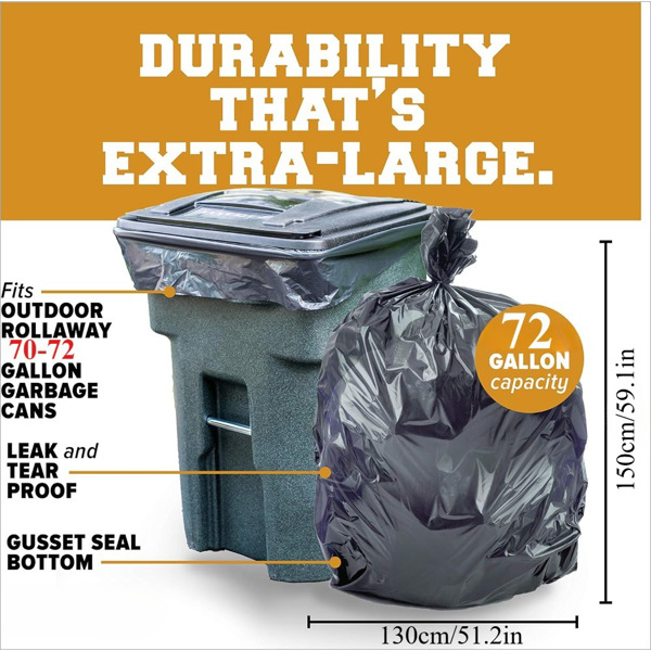 High capacity heavy-duty garbage bag: 1.9 MIL industrial strength, high capacity, heavy-duty, leak proof for outdoor, industrial, and household use -1.9 MIL/72 Gallon, 51 inches * 59 inches