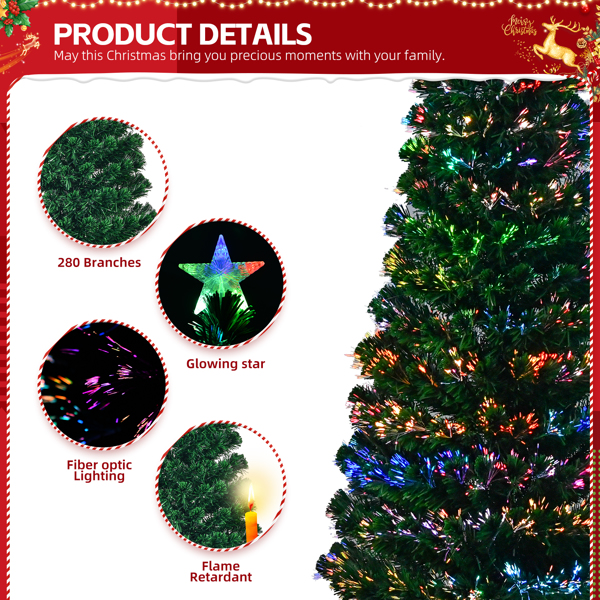 7 FT Pre-lit Christmas Tree, Artificial Fiber Optic Christmas Tree with Lighted Top Star and 280 Branch Tips, Holiday Xmas Decoration Tree for Home Office Store Party, Green