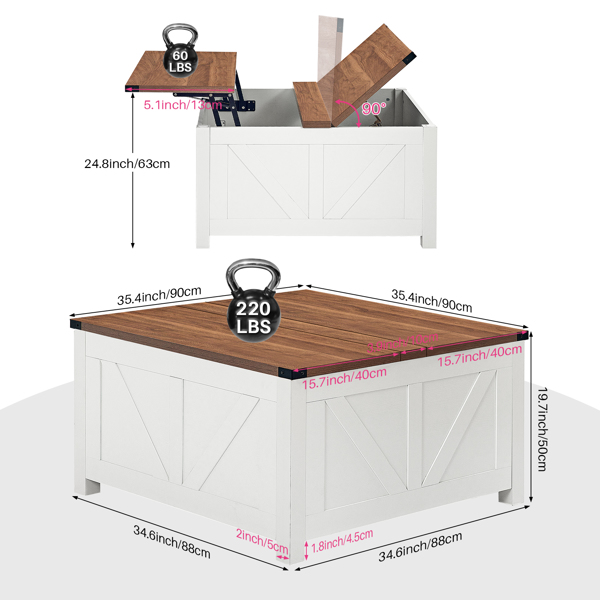 Couchtisch Höhenverstellbar, Moderner Landhausstil Couchtisch Aufklappbar, Wohnzimmertisch mit Stauraum & Verstecktem Fach, Couchtische Holz für Wohnzimmer (Walnuss, 90x90x50 cm)