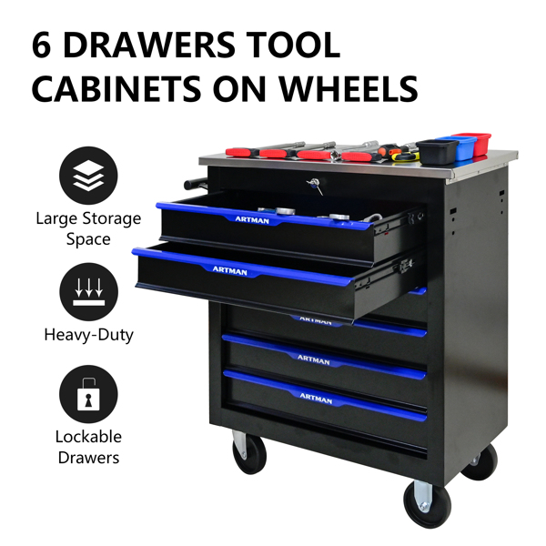 6 DRAWERS MULTIFUNCTIONAL TOOL CART WITH WHEELS-BLACK+BLUE