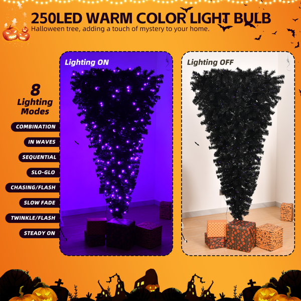 6 FT Pre-lit Upside Down Artificial Christmas Tree, Black Halloween Tree with 250 Purple Lights and Pumpkin & Skull Ornaments