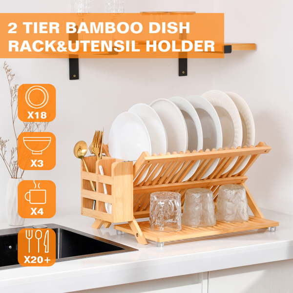 Bamboo Dish Rack, 3-Tier Foldable Wood Dish Drying Rack for Kitchen Counter – Space-Saving Organizer with Utensil Holder, Perfect for Small Kitchens and Apartments