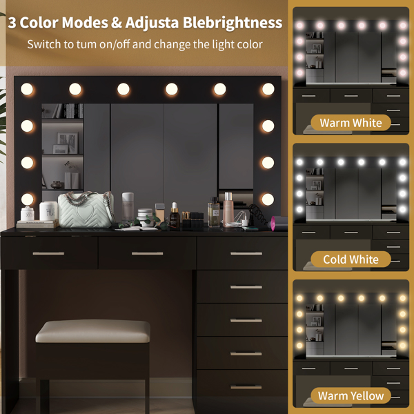 Vanity Desk Set with Large Lighted Mirror and Powre Outlet, Glass Top Makeup Vanity with 7 Drawers, Vanity Table with 12 LED Lights, 3 Lighting Color Adjustable, Black