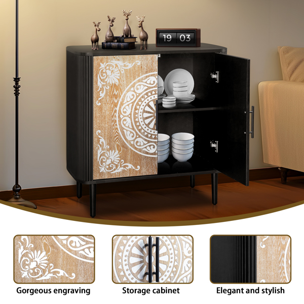 FCH Pattern Carving, High Feet, Oval Tabletop, Curved Side Frame, Door Panel MDF Spray Paint, Cabinet Body Melamine Board Polished, Sideboard 80*39.5*80cm