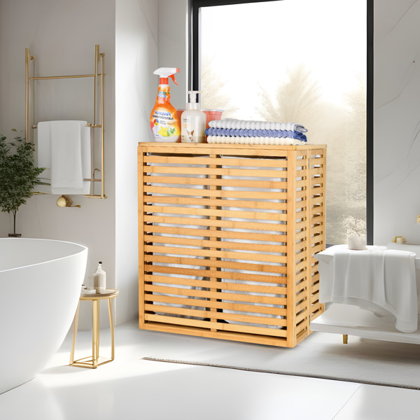 Bamboo Laundry Hamper with Lid – Foldable Clothes Basket with 2-Section Removable Liner Bag, Space-Saving Laundry Sorter for Bathroom, Bedroom, and Laundry Room (Natural, 21.69”L x 13.85”W x 25.39”H)