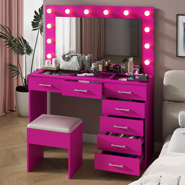 Vanity Desk Set with Large Lighted Mirror and Powre Outlet, Glass Top Makeup Vanity with 7 Drawers, Vanity Table with 12 LED Lights, 3 Lighting Color Adjustable, Pink