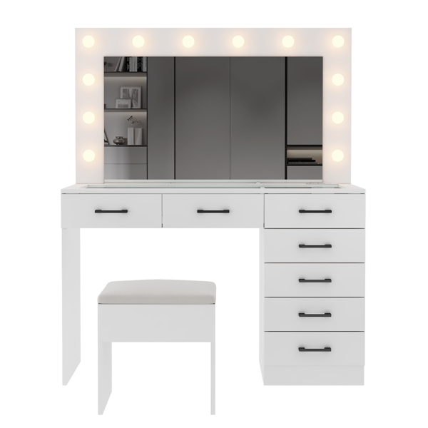 Vanity Desk Set with Large Lighted Mirror and Powre Outlet, Glass Top Makeup Vanity with 7 Drawers, Vanity Table with 12 LED Lights, 3 Lighting Color Adjustable, White