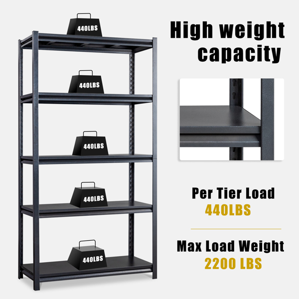 72" H Adjustable Garage Shelves, 5-Tier Heavy Duty Shelving Unit, 2200LBS Wide Metal Utility Storage Organizer Racks for Warehouse Pantry Closet Kitchen, Black