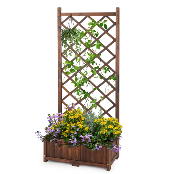 Wood Planter Raised Garden Bed with Trellis, 67 Inch Height Outdoor Garden Flower Standing Planter Box Lattice Panels with Planter for Patio Porch with Drainage Holes, Brown