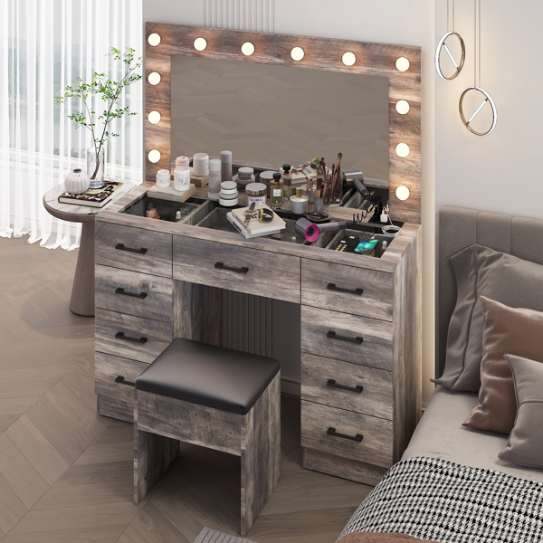 Vanity Desk Set with Large Lighted Mirror and Powre Outlet, Glass Top Makeup Vanity with 9 Drawers, Vanity Table with 12 LED Lights, 3 Lighting Color Adjustable, Grey