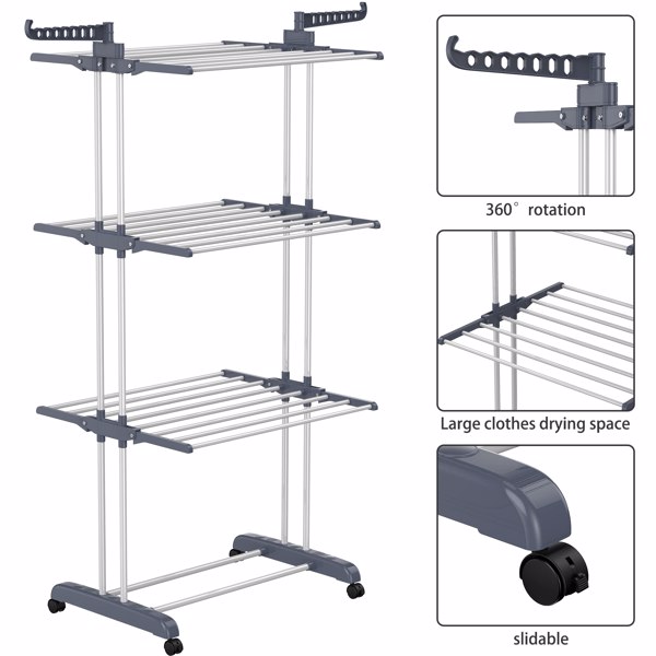 Clothes Drying Rack, Oversized 4-Tier(67.7" High) Foldable Stainless Steel Drying Rack Clothing, Movable Drying Rack with 4 castors, 24 Drying Poles and 14 Hooks for Bed Linen, Clothing, Grey