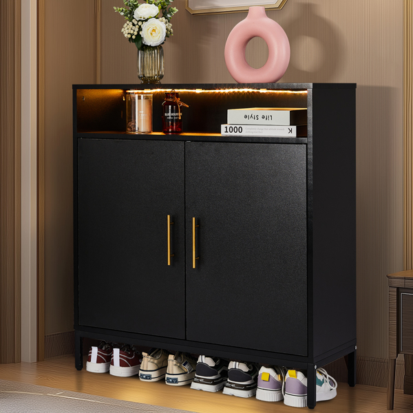 FCH Double Door 6-Layer Shoe Cabinet with High Foot LED Lights Particle Board 80*38*90cm Black