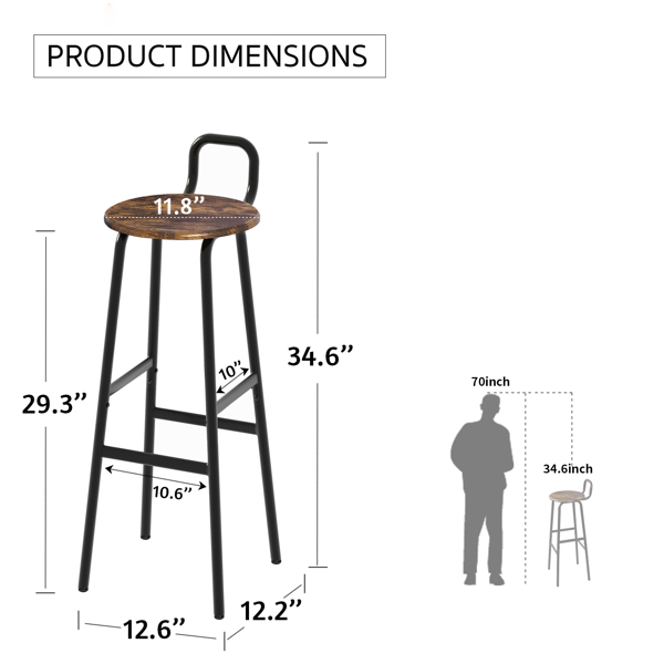 Set of 2 Barstools, Bar Chairs with Backrest and Footrest, Industrial Kitchen Breakfast Stools for Dining Room Kitchen Counter Bar, Rustic Brown, MF-7-A001BW2