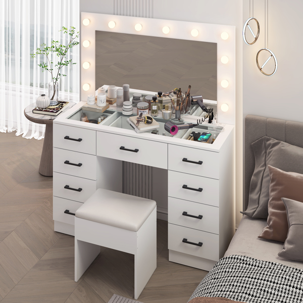 Vanity Desk Set with Large Lighted Mirror and Powre Outlet, Glass Top Makeup Vanity with 9 Drawers, Vanity Table with 12 LED Lights, 3 Lighting Color Adjustable, White