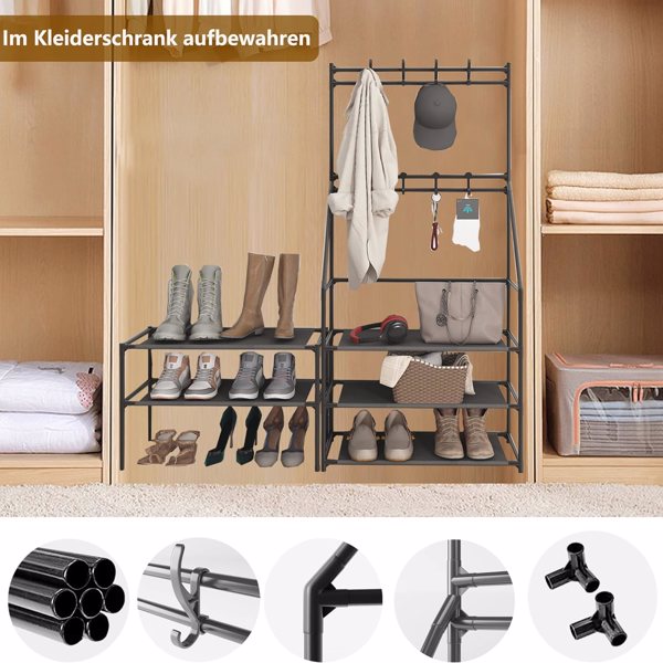 5-layer shoe rack, suitable for entrances, narrow shoe racks, jackets, and shoe racks, with 8 hooks