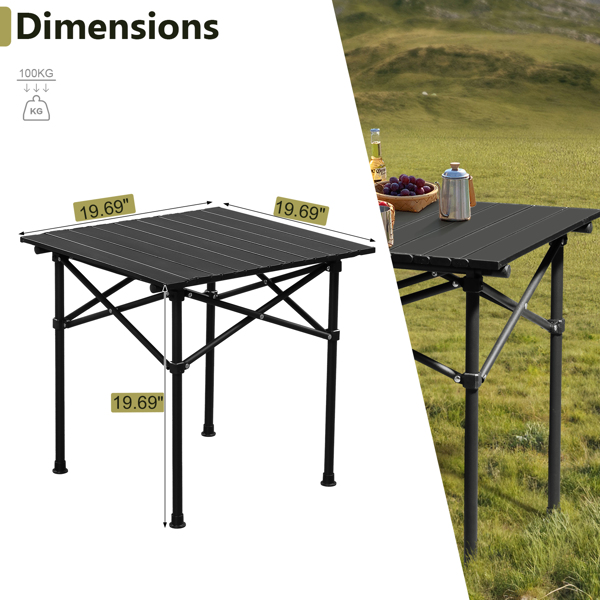 Portable Folding Camping Table for 2-4 Persons, Ultralight Collapsible Table Outdoor Camp Table for Travel Hiking Backyard BBQ Party, 20x20 in, Black