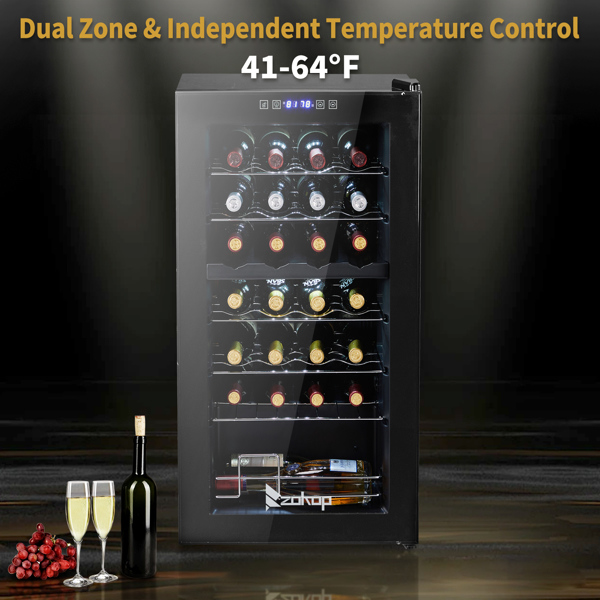 ZOKOP Dual Zone Wine and Beverage Refridgerator, 28 Bottle Wine Fridge with Independent Temperature Control & Glass Door, Freestanding Wine Cooler Chiller for Wine Champagne Beer