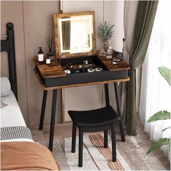 Vintage Foldable Makeup Vanity Table with Flip Top Mirror & 3-Color LED Lights,Space Saving Makeup Vanity Desk Set with 6 Storage Spaces and Power Outlet,Cushion Stool,Rustic Brown