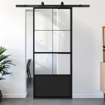 36 in.  x 84 in.     Glass Sliding Barn Door with  6FT Barn Door Hardware Kit & Soft Close Mechanism，Interior Clear Glass Black Steel Frame，Requires Simple DIY Assembly