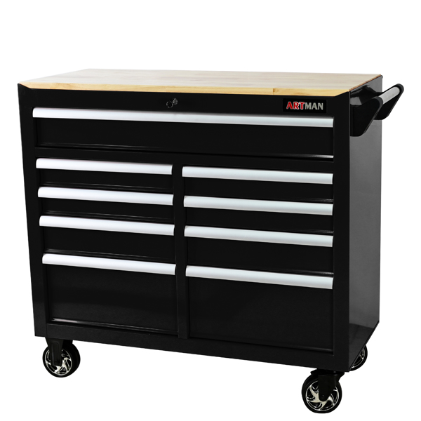 9 DRAWERS MULTIFUNCTIONAL TOOL CART WITH WHEELS AND WOODEN TOP