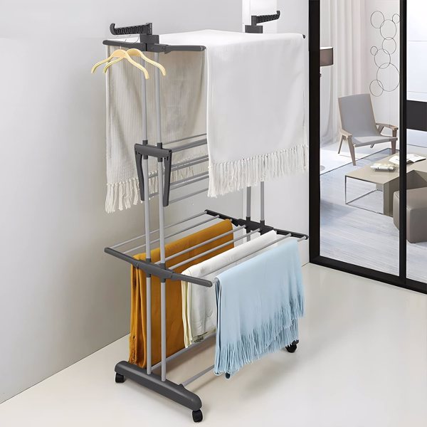 Clothes Drying Rack, Oversized 4-Tier(67.7" High) Foldable Stainless Steel Drying Rack Clothing, Movable Drying Rack with 4 castors, 24 Drying Poles and 14 Hooks for Bed Linen, Clothing, Grey