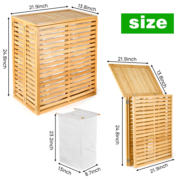 Bamboo Laundry Hamper with Lid – Foldable Clothes Basket with 2-Section Removable Liner Bag, Space-Saving Laundry Sorter for Bathroom, Bedroom, and Laundry Room (Natural, 21.69”L x 13.85”W x 25.39”H)