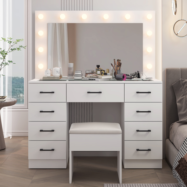 Vanity Desk Set with Large Lighted Mirror and Powre Outlet, Glass Top Makeup Vanity with 9 Drawers, Vanity Table with 12 LED Lights, 3 Lighting Color Adjustable, White