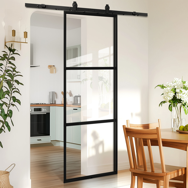 30 in.  x 84 in.     Glass Sliding Barn Door with  5FT Barn Door Hardware Kit & Soft Close Mechanism，Interior Clear Glass Black Steel Frame，Requires Simple DIY Assembly