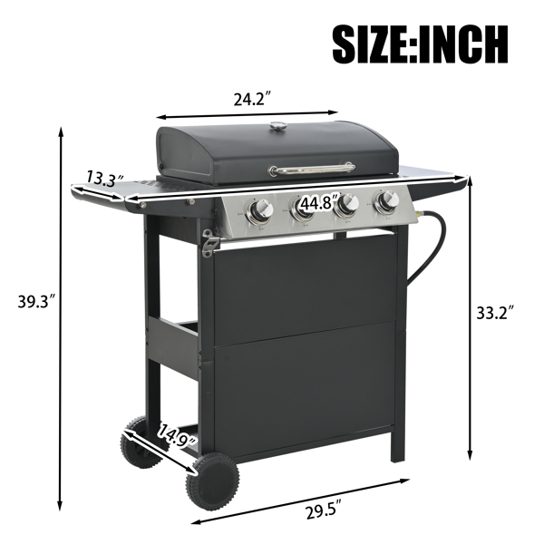 Propane Gas Grill 4 Burner Barbecue Grill, Stainless Steel 34,000 BTU Patio Garden Barbecue Grill with Two Shelves, Lid, Wheels and Bottle Opener