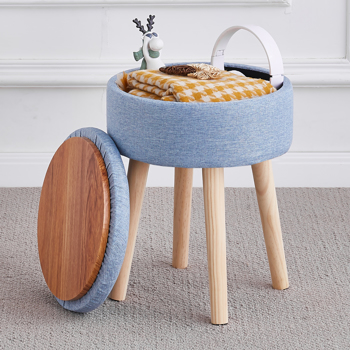 Storage Ottoman Linen Round Vanity Stool Tray Top Modern Foot Stool with Wood Legs Multifunctional Upholstered Foot Ottoman Rest for Living Room, Bathroom, Makeup Blue