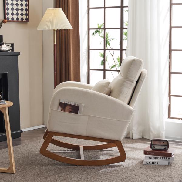 Beige Linen Nursery Rocking Chair with Thick Headrest,Mid-Century Modern Nursing Rocker,Upholstered Glider with Curved Armrest, Sturdy Solid Wood Base for Living Room, Bedroom, Baby Room