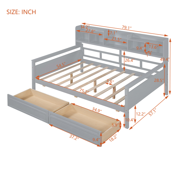 Full size Daybed, Wood Slat Support, with Bedside Shelf and Two Drawers, Gray