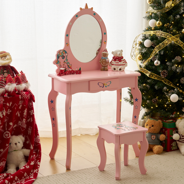 Kids Vanity Table and Chair Set, Girls Vanity with Mirror & Stool, Cute Unicorn Design, Pretend Play Makeup Dressing Princess Table for Toddlers, Pink