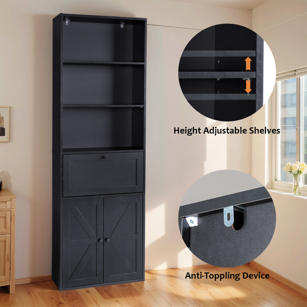 FCH 3-Layer 1 Drawer 2 Doors Double Z Shape Melamine Board 60*23.5*180cm Display Cabinet Black