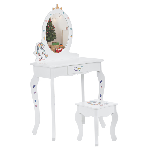 Kids Vanity Table and Chair Set, Girls Vanity with Mirror & Stool, Cute Unicorn Design, Pretend Play Makeup Dressing Princess Table for Toddlers, White