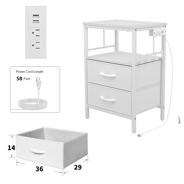 Nightstand with Charging Station, Side Table with Fabric Drawers and Open Shelf, Night Stand for Bedroom Decor, Bedside Table with USB Ports & Outlets (White,1)