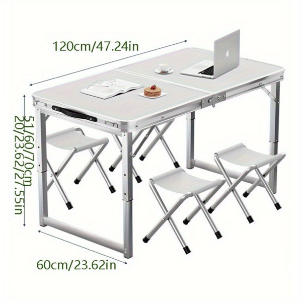 Multi functional aluminum folding table - adjustable, 48 inches, expandable handle. Suitable for indoor/outdoor use. Foldable, suitable for work and travel, with four chairs