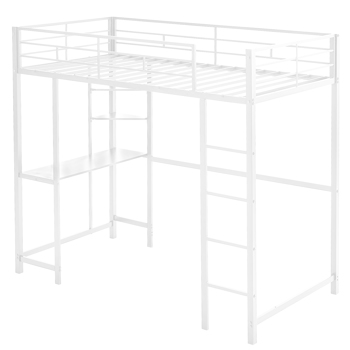 Twin Size Metal Loft Bed with Desk and Storage Shelves, 2 Built-in Ladders & Guardrails, Loft Bed Frame for Teens Juniors Adults, Noise Free, No Box Spring Needed, White