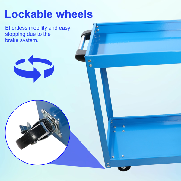 Tool Cart on Wheels,  Heavy Duty Steel Utility Cart w/Lockable Wheels, 400 LBS Capacity Industrial Service Cart for Garage, Warehouse, Workshop (Two-layer Bright Blue)