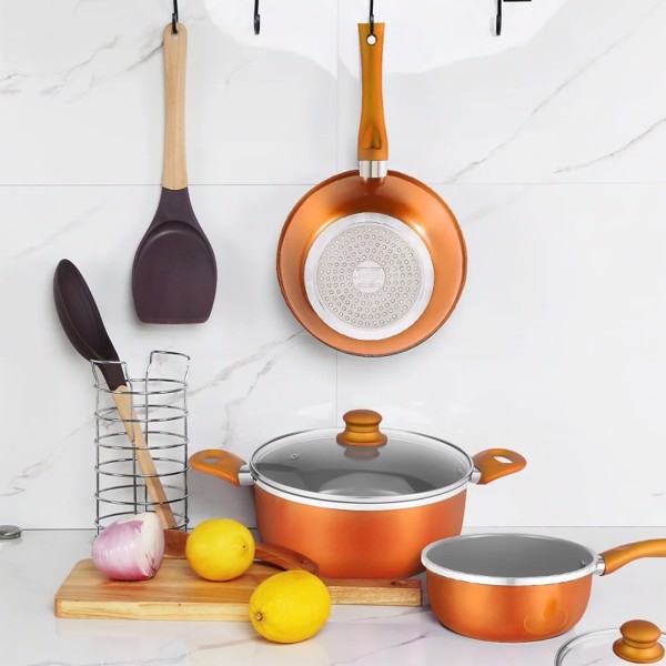  Kitchen Cookware Set, 6 PCS Nonstick Pot and Pan Set-Wok, Soup, Milk Pot Set Orange